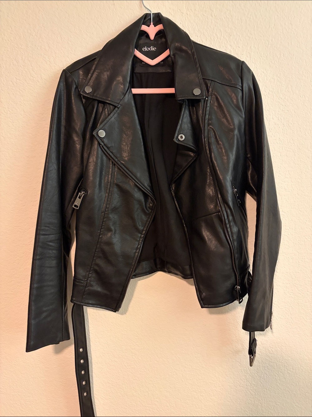 Elodie Black Faux Leather Moto Jacket with Belt